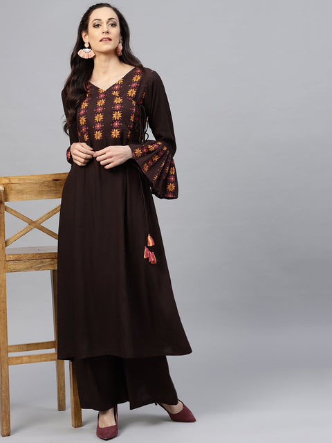 Coffee brown yoke printed 3/4 sleeve cotton kurta with ankle length palazzo