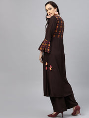 Coffee brown yoke printed 3/4 sleeve cotton kurta with ankle length palazzo
