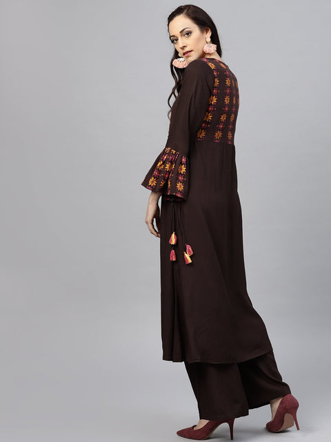 Coffee brown yoke printed 3/4 sleeve cotton kurta with ankle length palazzo