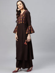 Coffee brown yoke printed 3/4 sleeve cotton kurta with ankle length palazzo