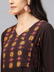 Coffee brown yoke printed 3/4 sleeve cotton kurta with ankle length palazzo