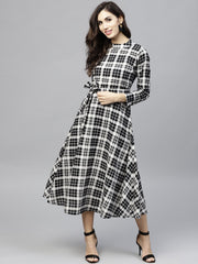 Black & White checked dress with roll collar and 3/4 sleeves