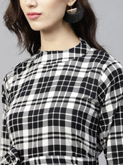 Black & White checked dress with roll collar and 3/4 sleeves