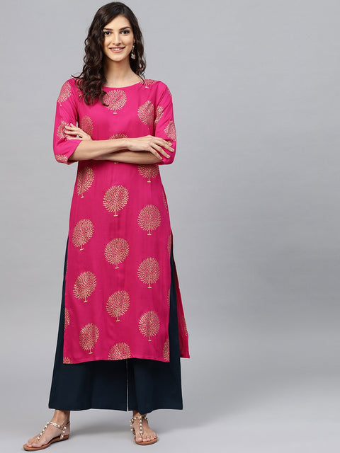Magenta printed Kurta set with navy blue palazzo