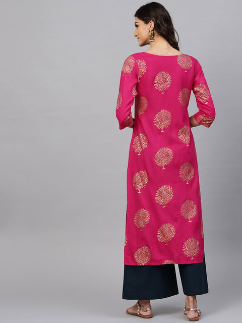 Magenta printed Kurta set with navy blue palazzo