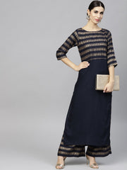 Navy blue gold printed 3/4th sleeve cotton kurta with ankle length Palazzo
