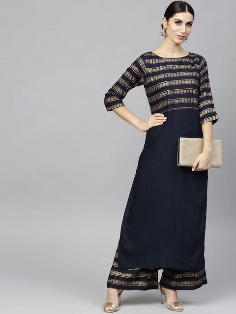 Navy blue gold printed 3/4th sleeve cotton kurta with ankle length Palazzo