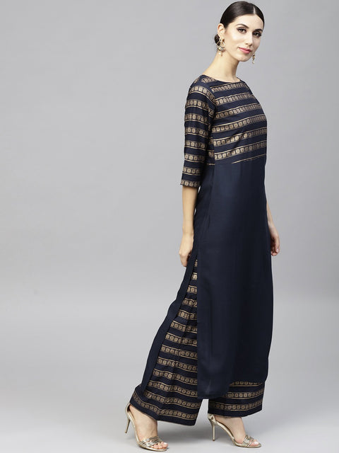 Navy blue gold printed 3/4th sleeve cotton kurta with ankle length Palazzo