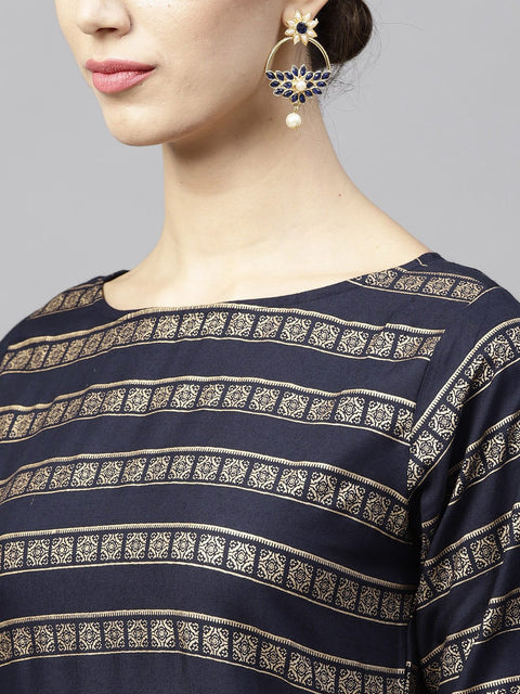 Navy blue gold printed 3/4th sleeve cotton kurta with ankle length Palazzo
