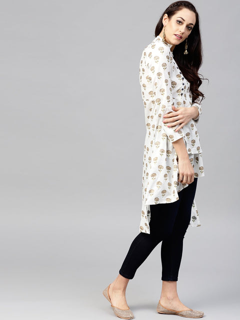 White Asymetric printed tunic with Madarin Collar and 3/4 sleeves