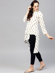White Asymetric printed tunic with Madarin Collar and 3/4 sleeves