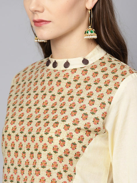 Cream printed front yoke Kurta  set  with Palazzo