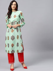 Green printed kurta with boat neck and full sleeves