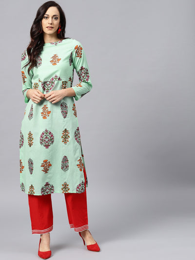 Green printed kurta with boat neck and full sleeves