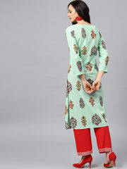 Green printed kurta with boat neck and full sleeves