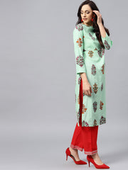Green printed kurta with boat neck and full sleeves