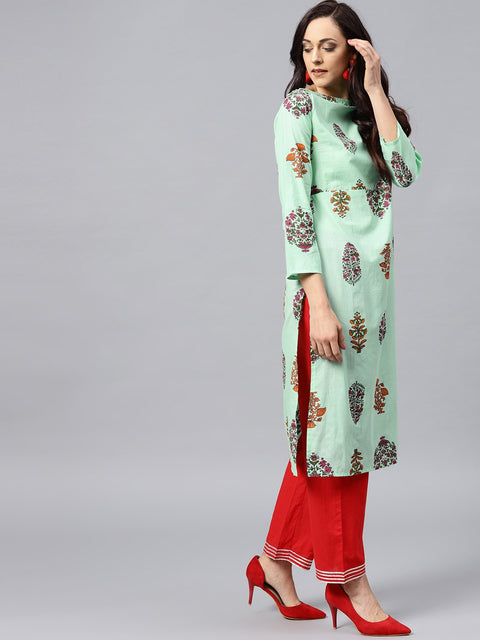 Green printed kurta with boat neck and full sleeves