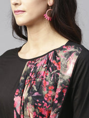 Black printed Maxi dress with Round neck and full sleeves