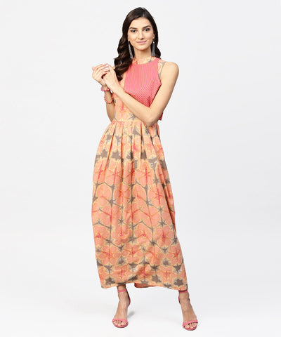 Multi colored Maxi dress with Madarin collar with overlapped jacket