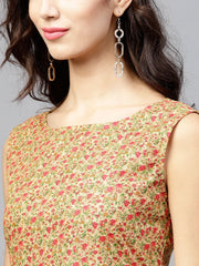 Floral printed calf length sleeveless dress with round neck