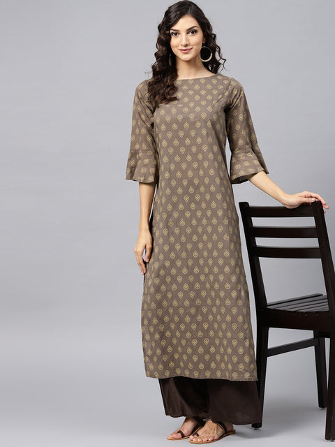 Grey printed straight kurta with Round neck and 3/4 sleeves