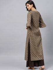 Grey printed straight kurta with Round neck and 3/4 sleeves