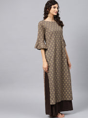 Grey printed straight kurta with Round neck and 3/4 sleeves