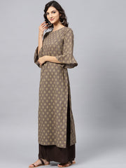 Grey printed straight kurta with Round neck and 3/4 sleeves