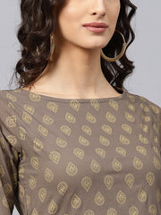 Grey printed straight kurta with Round neck and 3/4 sleeves