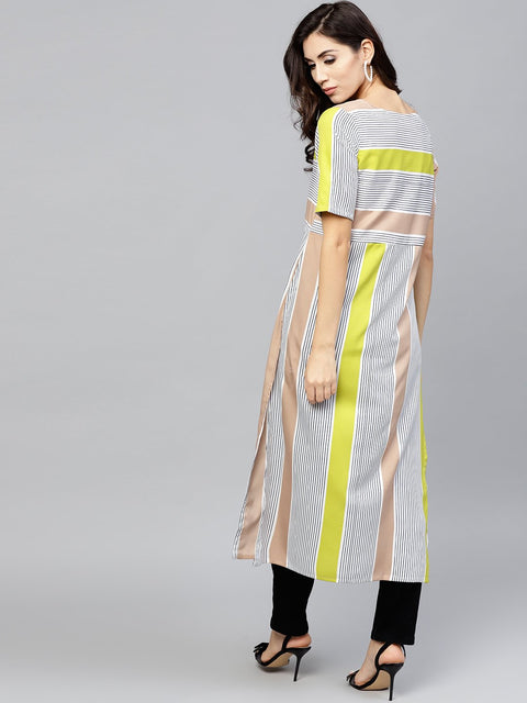 Striped Calf lenth dress with round neck and half sleeves