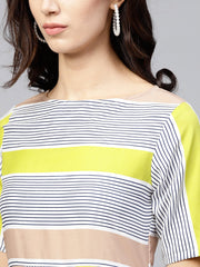 Striped Calf lenth dress with round neck and half sleeves