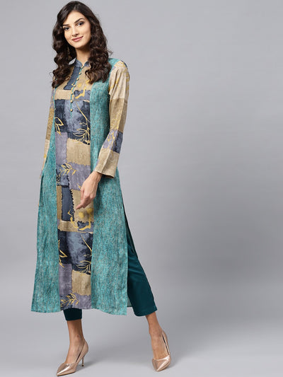 Multi colored Front Placket kurta with Madarin collar and full sleeves