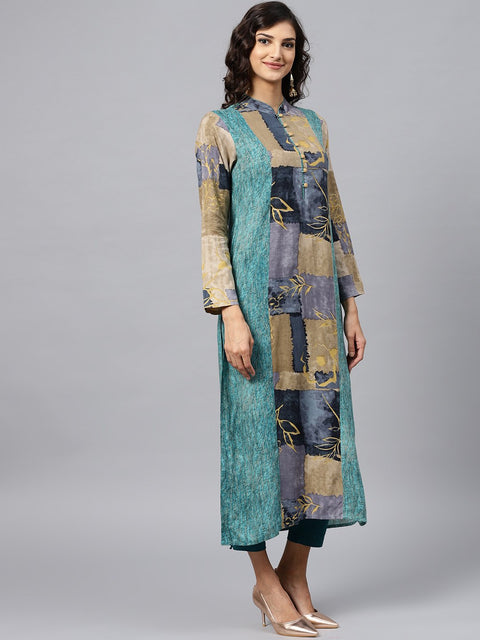 Multi colored Front Placket kurta with Madarin collar and full sleeves