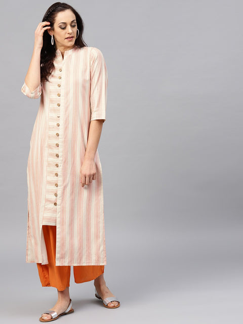 Peach and White striped Kurta with Madarin collar and 3/4 sleeves