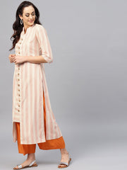 Peach and White striped Kurta with Madarin collar and 3/4 sleeves