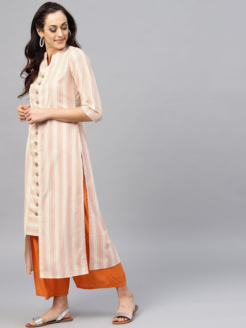 Peach and White striped Kurta with Madarin collar and 3/4 sleeves