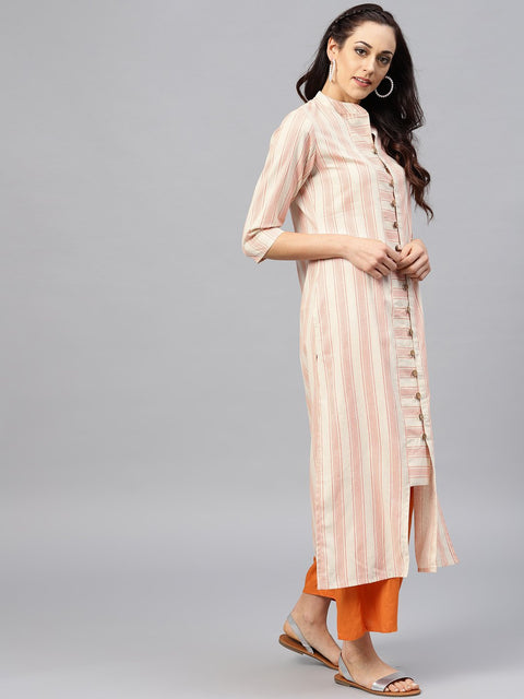 Peach and White striped Kurta with Madarin collar and 3/4 sleeves