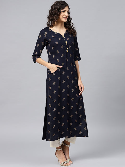 Navy Blue printed Kurta with V-neck and 3/4 sleeves