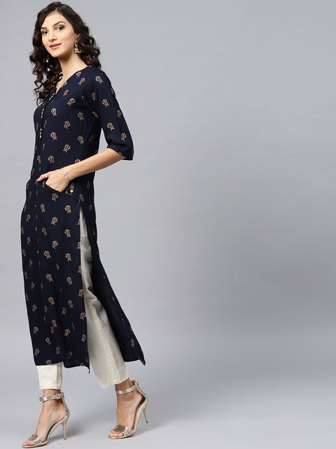 Navy Blue printed Kurta with V-neck and 3/4 sleeves