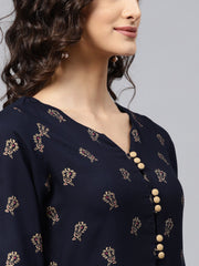 Navy Blue printed Kurta with V-neck and 3/4 sleeves