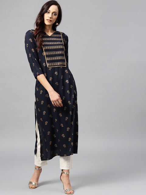 Navy blue Kurta with front Yoke with 3/4 sleeves