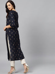 Navy blue Kurta with front Yoke with 3/4 sleeves