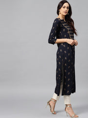 Navy blue Kurta with front Yoke with 3/4 sleeves