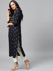 Navy blue Kurta with front Yoke with 3/4 sleeves