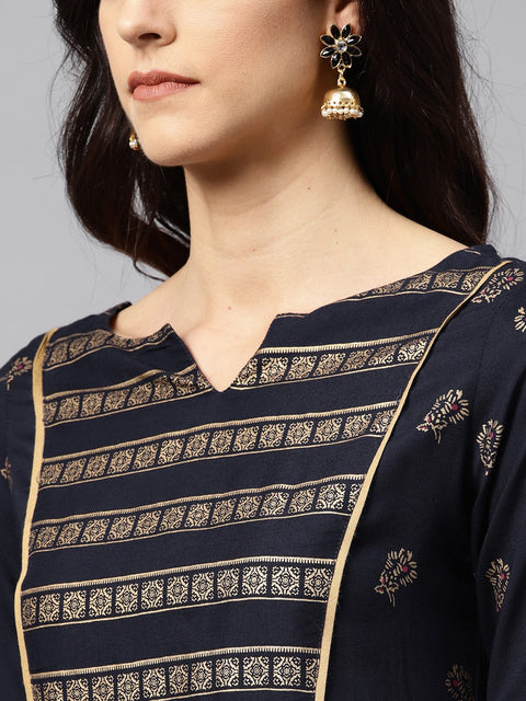 Navy blue Kurta with front Yoke with 3/4 sleeves