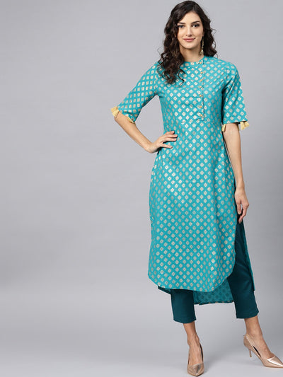 Sky Blue half sleeve cotton kurta with tussel work