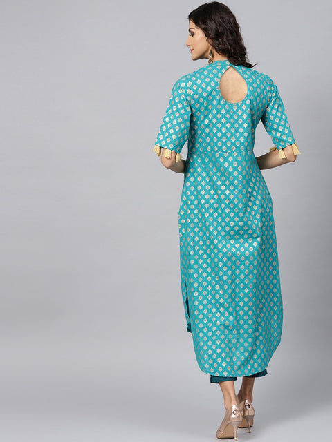 Sky Blue half sleeve cotton kurta with tussel work