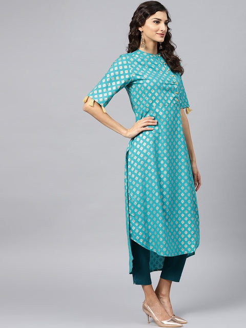 Sky Blue half sleeve cotton kurta with tussel work