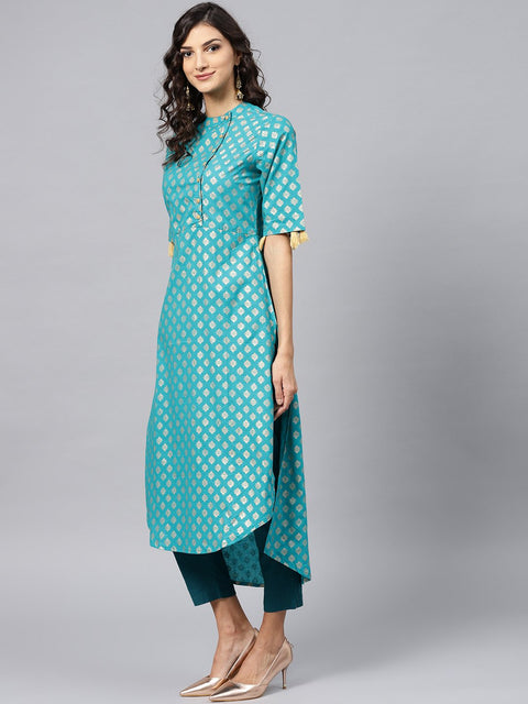 Sky Blue half sleeve cotton kurta with tussel work