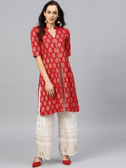Red printed kurta with madarin collar and half sleeves